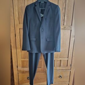 Calvin Klein Boys SZ 16  Black Suit Wirh Belt & Jos A Banks Shirt.